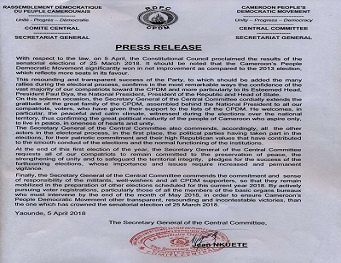 Press Release of the Secretary General of the Central Committee of CPDM